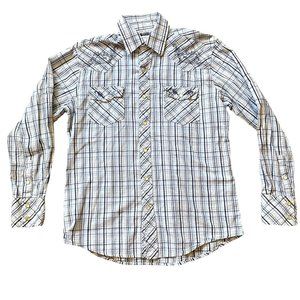 Cowboy Up Plaid Shirt Blue Embroidery Button Up Pearl Snap Medium